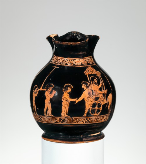 via-appia:Terracotta oinochoe: chous. Children(!!!) playing at, or parodying, a Dionysiac procession