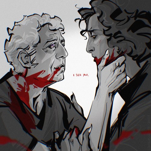 a mostly greyscale sketch of Daniel Molloy as portrayed by Eric Bogosian softly touching the face of vampire Armand as portrayed by Assad Zaman; Armand doesn't shy away and doesn't fight the touch, but he's touching Daniel gently; both of them, especially Daniel, are smeared with blood; Daniel looks up with barely contained disbelief and fascination, his eyes a combination of purple and golden hues; Armand's eyes are downcast and dark orange in colour; between them, there's a small writing in red that says, "I SEE YOU"