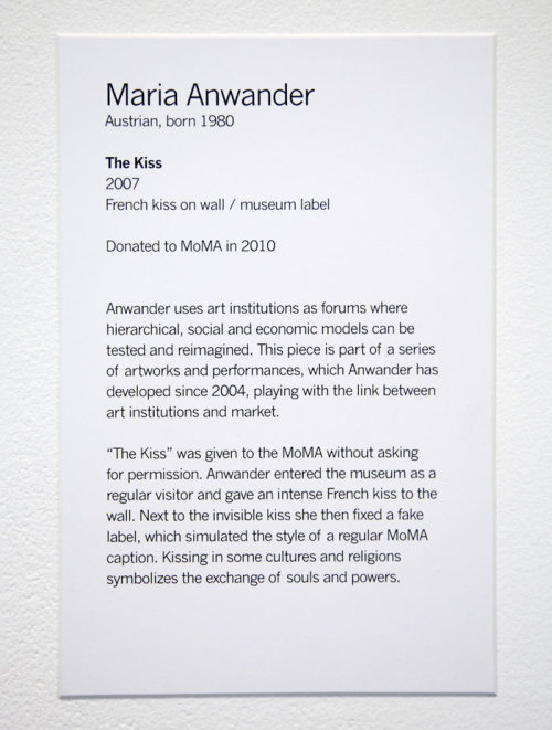 sexpansion:  The Kiss ByMaria Anwander “The Kiss” was given to the MoMA as a donation without asking for permission. I entered the museum as a regular visitor and gave an intense French kiss to the wall. Next to the invisible kiss I then fixed a fake