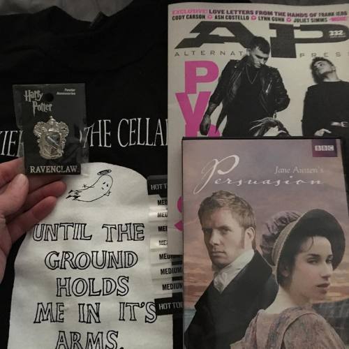 @Nightingveil Purchases and pick-ups for today. #Ravenclaw, #FrankIero in #AltPress and #JaneAusten.