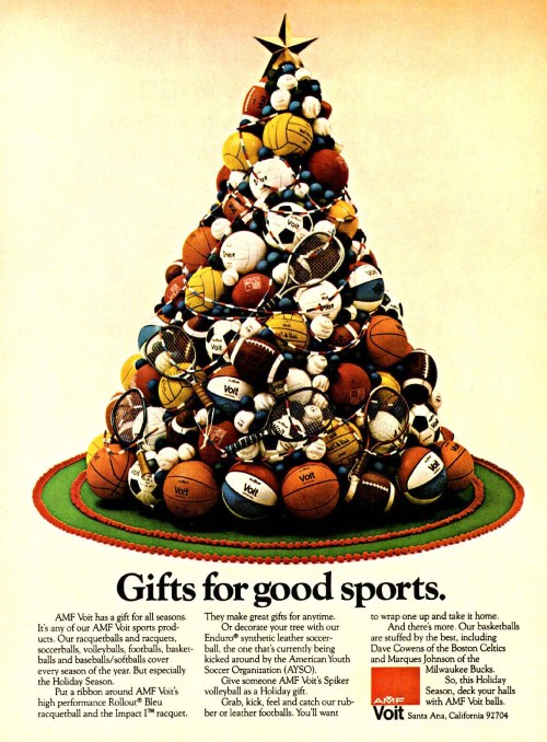 AMF Inc, 1978 #Voit#ad#1978#Christmas#tree#sports#balls#advertisement#1970s#basketball#baseball#volleyball#soccer ball#advertising#gifts