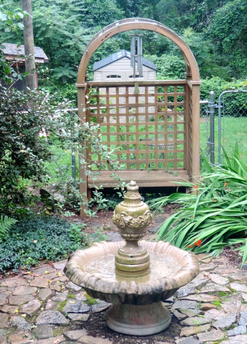 Garden With Fountain, Gazebo, Chain Link Fence and Plastic Garden Shed, Asheville, North Carolina, 2