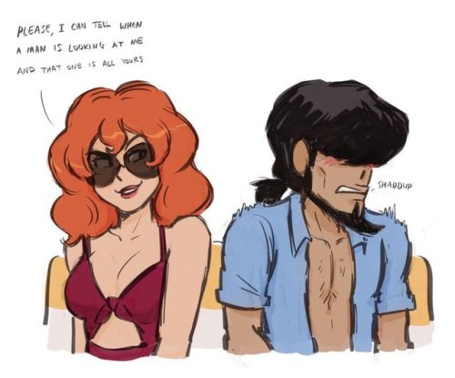 paunchsalazar:  more Jigen and Fujiko.. my dream is an episode where they have to play married for a job and they absolutely hate it. idk what would lead to this but Fujiko keeps encouraging him to flirt