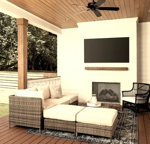 Backyard - Porch With A Fireplace And A Roof Extension, The Back Porch In This Large Transitional Photograph