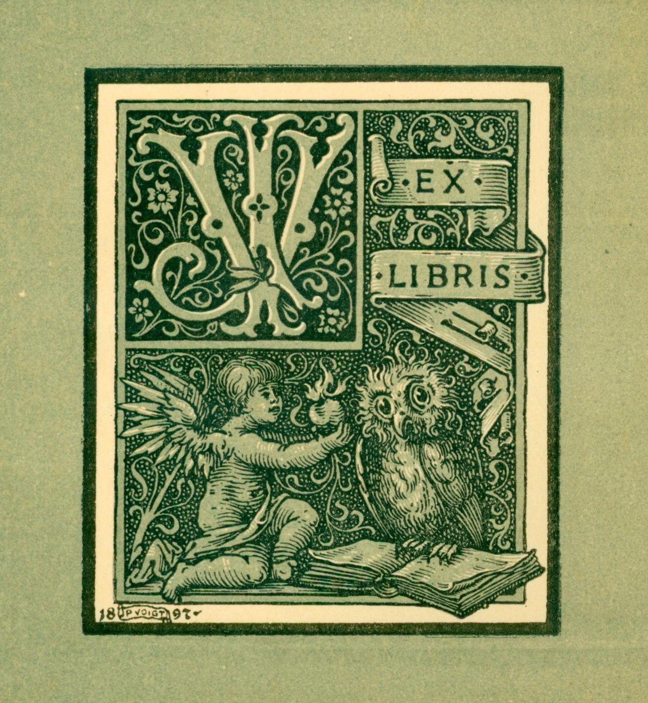 A bookplate in green featuring an angel handing a flaming heart to an owl. It reads "Ex libris: JV."