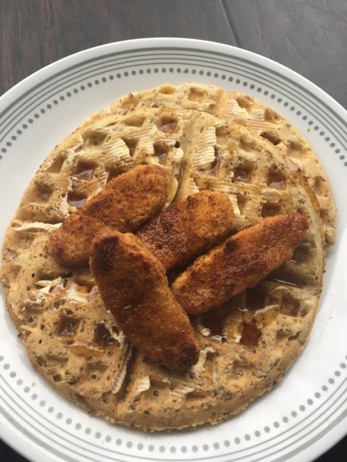Vegan chicken and waffles! I found a Belgium style waffle recipe and doubled the flax seed for the e