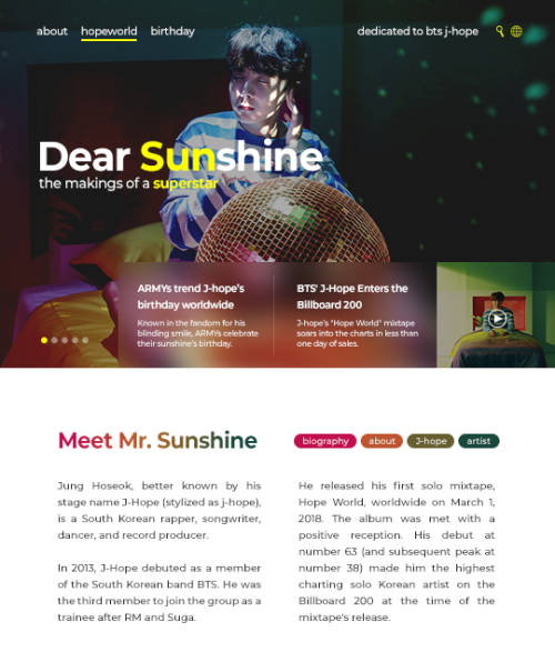 dearmyjimin:Dear Sunshine | Website Mockup - designed for hoseok’s birthday - hulu japan © minminnni