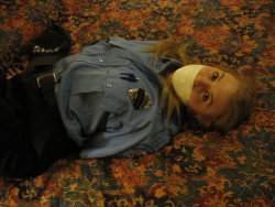 sensualhumiliation:  The captive (abducted) police officer look much better being my personal sex slave…          Don’t you think so?