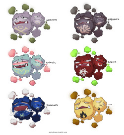 myiudraws:  Weezing Variations - 50% serious, 50% fun… not too sure about the names but you get the idea ;DWhich weezing would you want? Foaming for me 8)