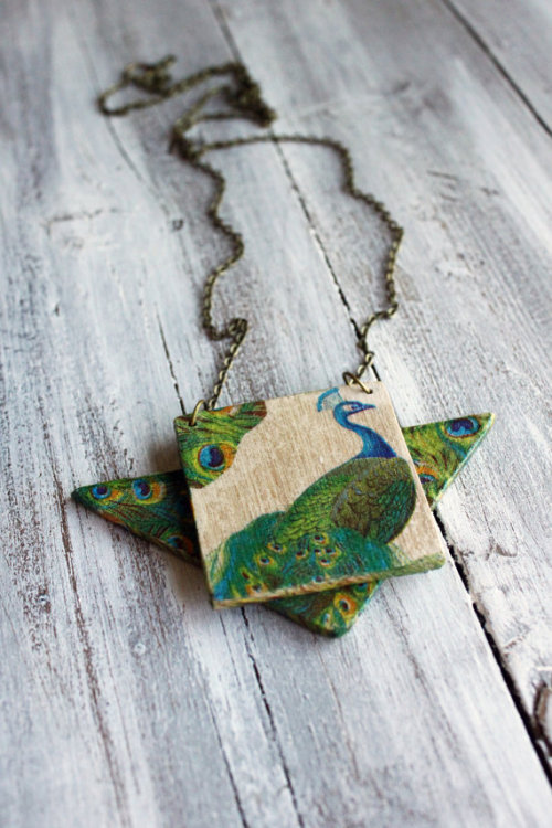 Peacocks geometric wooden necklace by TACEHandmade.