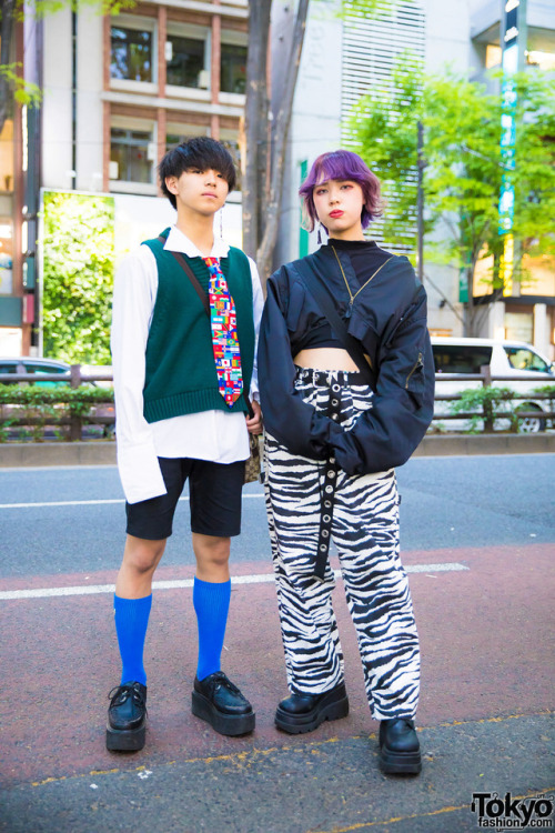 16-year-old Japanese students Mappi and Sagumo on the street in Harajuku wearing vintage fashion alo