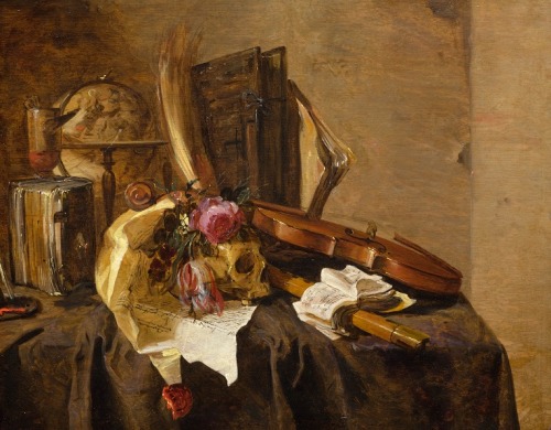 oldpaintings:Vanitas with skull and violin, c.1645 by Jacques de Claeuw (Dutch, 1623–1694) 