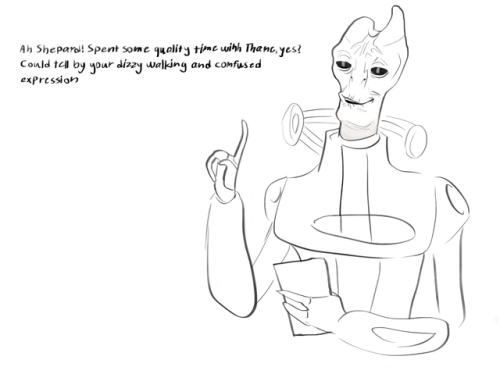 inkiedraws: Shep trying desperately to avoid the awkward sex talk with mordin and him being a smug a