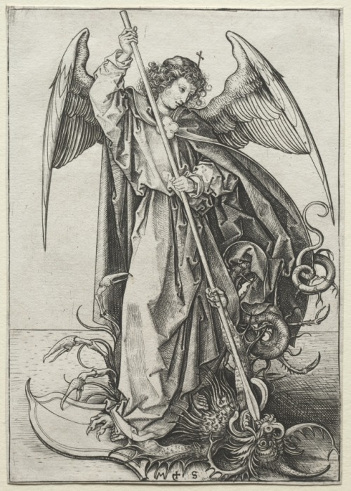 cma-prints:The Archangel Michael Piercing the Dragon, Martin Schongauer, c. 1475, Cleveland Museum o