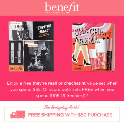 Now at Benefit Cosmetics get a free Partners in Prime Mascara sampling set or Cha-Cha-Rama set with orders over $65 when you use code REALSET or TINTSET. Or get both sets free on orders over $105 when you use code TINTREAL. Offer valid through 9/11...