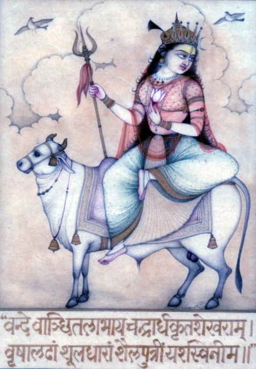 Navadurga 4ShailaputriMay the illustrious Shailputri Durga whom I salute and whose head is adorned b