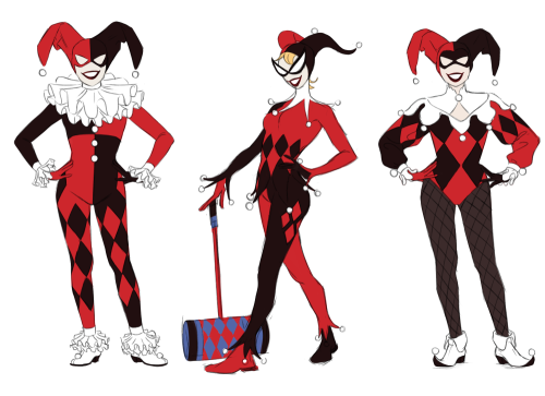 doodlesaresketcheswithnoodles:sketched some Harley Quinn costume ideas to add her to my batman famil