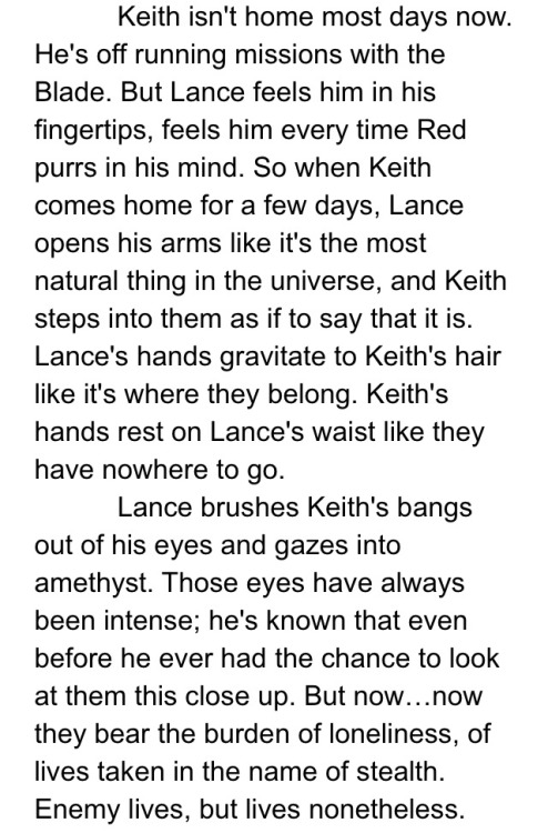 sleapywolfwrites: Preview of my piece for  This and Every Other Universe: Klance Edition.  Chec