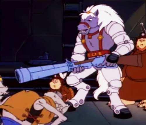 Thirty Thirty from Bravestarr?Hm.. anthro horse&hellip; packing heat&hellip; holding said weapon low