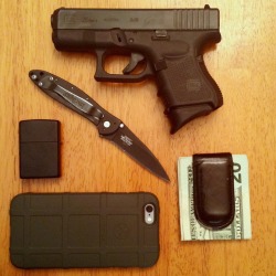 revin68:  My EDC – Glock26 9x19, Kershaw Leek assisted knife, Zippo lighter and an iPhone 6 in a Magpul case. &gt;=)  Only because that is the Kershaw I always carry. Great little knife.