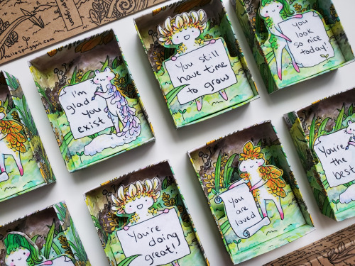 Feel-Good Pocket Spriggans! Little handmade paper boxes featuring cheerful Spriggans and encouraging