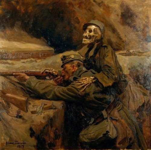 Soldat und Tod [Death and the Soldier] (1917) by Hans Larwin (1873-1938). 