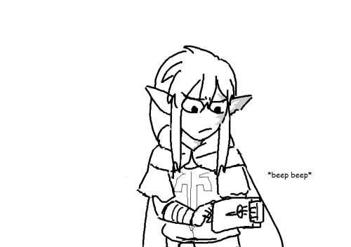 Fourth panel: Wild looks down into his Sheikah Slate, frowning as he looks for something. The slate makes beeping noises as he flips through the pages.