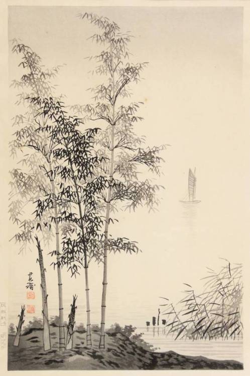 gacougnol:Imoto TekihoBamboo on the Shore of a Lake,  a Sailing Boat in the distance 1935 Woodcut