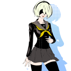 brinkofmemories:2B from Nier Automata in the Yasogami uniform from Persona 4!
