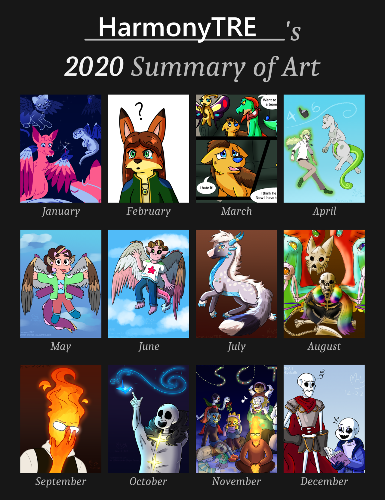 HarmonyTRE’s 2020 SUMMARY OF ART
I mostly drew other people’s OCs and my D&D comic in January, February, and March.
I caught two shiny pokemon in April.
In May, Griffin AU started up.
June was a busy month art wise, regarding a lot of Griffin AU...