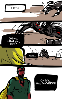 nya-nyang-cats:  20150517Vision→Ultron←JavisYes gay~uyeah~