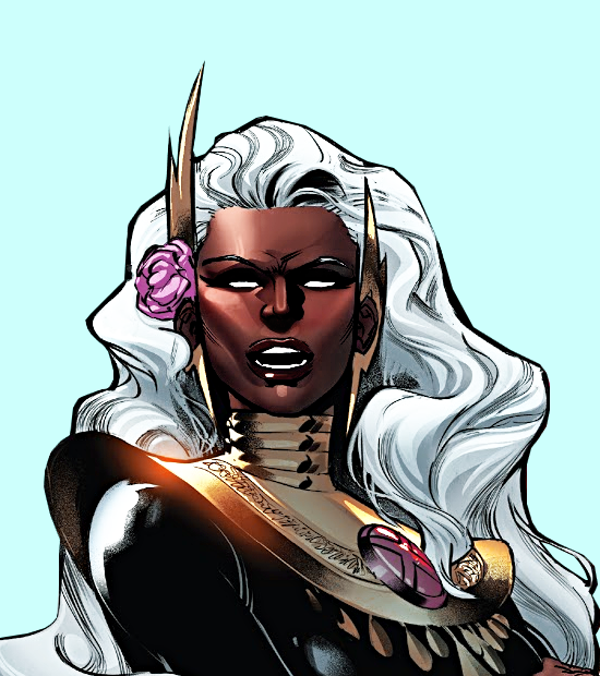 an edit of Storm on a pale blue background. She's also wearing a pink flower over her left ear. She's facing straight ahead and she is annoyed.