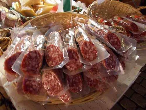 Some meat products that were offered for sale during Christmas market in the city Wroclaw, Poland.