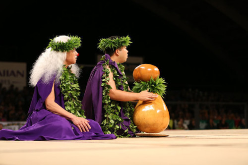 two Kumu Hula, at the Miss Aloha competitive portion of the Merrie Monarch festival in 2014.