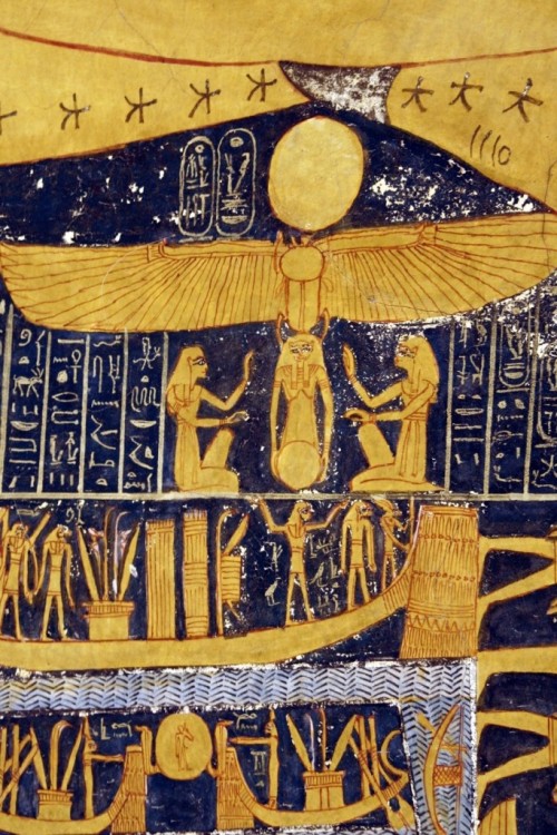 dwellerinthelibrary:The sun’s rebirth in the Book of the Day, as seen in the tomb of Ramesses 