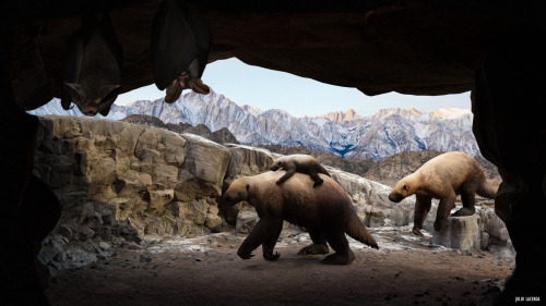 A family of Megistonyx, relatives of the more well-known sloths Megalonyx, find some shelter after a