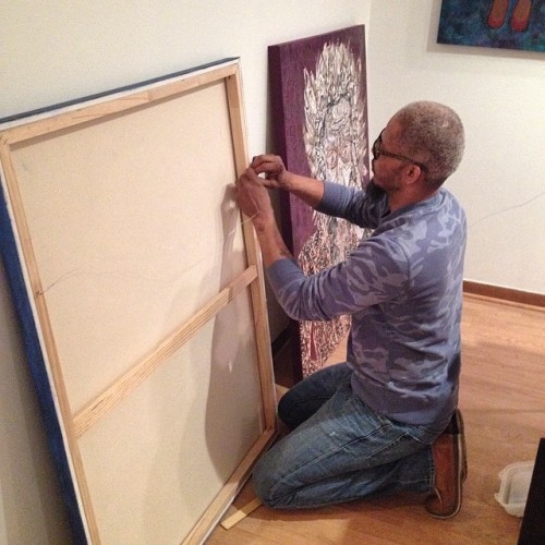 artist and curator @robertlewisclark hanging work for our show “home is where the art is” on Friday! (at galleryna19 - 19 Harrison St., Oak Park, IL)