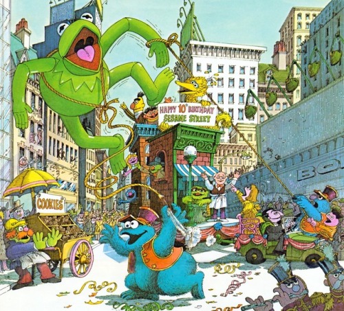 Macy’s Thanksgiving Day Parade.Illustration by Michael J. Smollin for the 1979 Sesame Street calenda