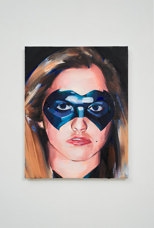 Sam McKinniss, Batgirl (Pap Shot), 2015, oil and aqua-leaf on canvas, 14 x 11 inches.