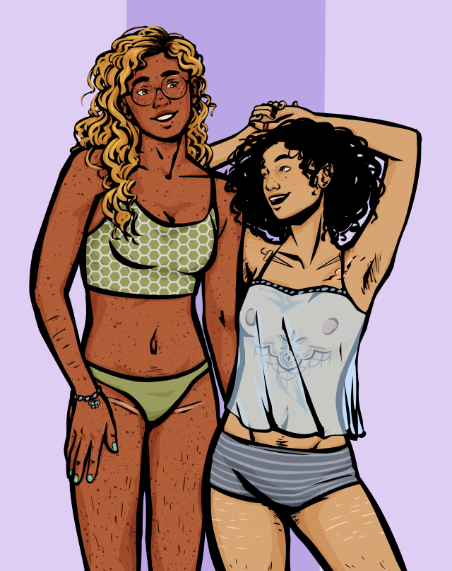 a drawing of sasha james and melanie king posing side by side. sasha is a tall, slim afro-latina woman with medium skin, brown eyes, long blonde curls, and heavy freckling. there's a scar on both her upper thighs from bottom surgery grafts. melanie is a thin latina woman with light skin, brown eyes, and thick black curls to her shoulders. she has tattoos on her collarbones and under her breasts, and scars on her face, shoulder, and thighs. both smile as if laughing.