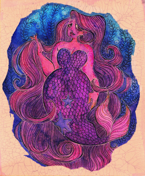 a cute fat pink mermaid! (ink, watercolor, aging varnish, crackle varnish, tombow marker)