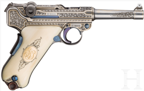 A Mauser Parabellum 06/73 engraved with English arabesques, in case with accessories.from Hermann Hi