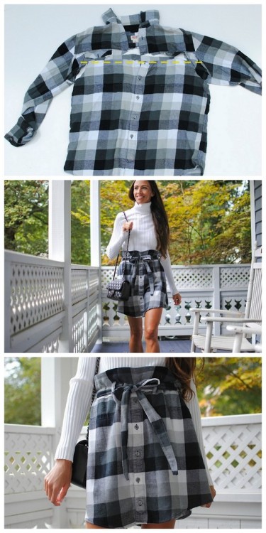 DIY Men’s Shirt to Paper Bag Waist SkirtTrash to Tutorial used a men’s XL flannel shirt for this ski