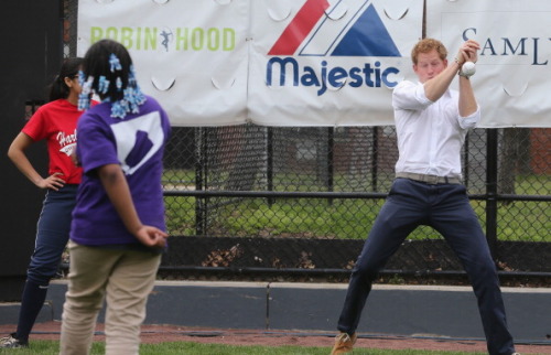 veronik-sky: Prince Harry plays baseball at Harlem RBI Playground in Harlem on May 14, 2013 in New Y