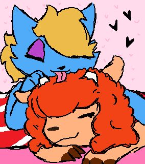 Katy is partially on top of Lammy, grooming her curly hair lovingly