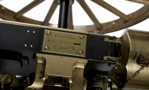 German made brass sleeve Maxim machine gun mounted on caisson, circa 1898.  Sold to Argentinian Army