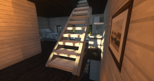 morning lighting on bedroom stairs (minecraft)