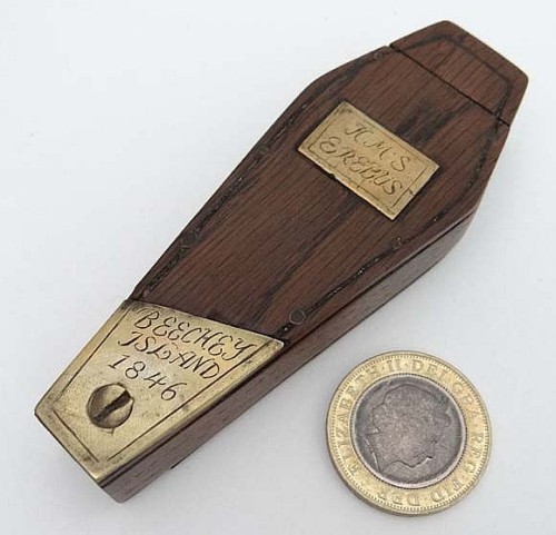 ltwilliammowett:Wooden coffin snuffbox, 19th century - increpted : HMS Erebus and Beechey Island 184