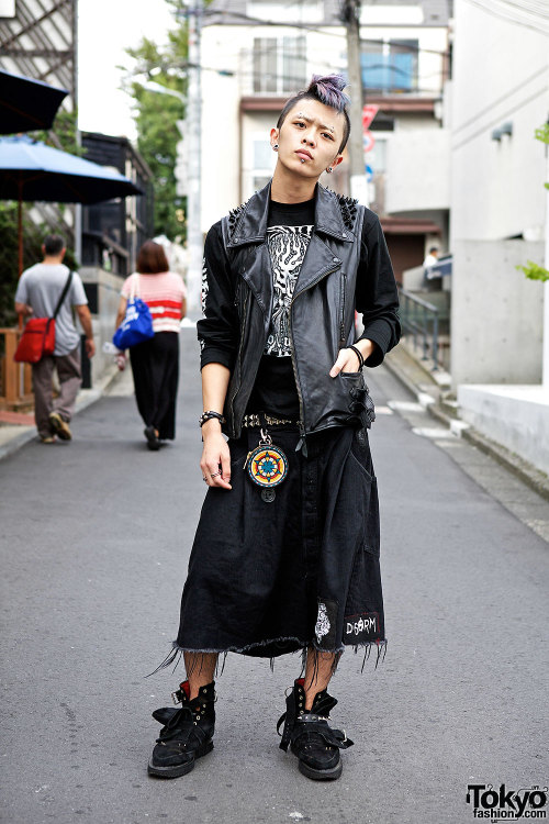 Japanese hardcore fan Shunbo on the street in Harajuku w/ lilac mohawk, studded vest & spiked an