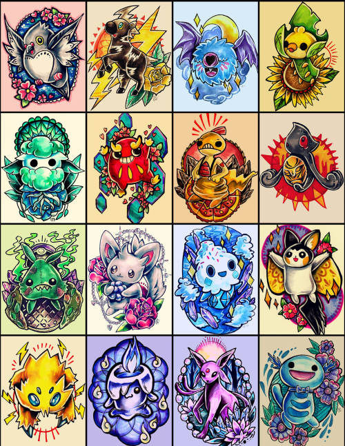 retkikosmos:  Pokemon Tattoo Design Seriesfull series as of June 2015my biggest series of i’ve done/ will ever doI took a few months hiatus from this project but I’m back at it and i’m still determined to draw them all! 